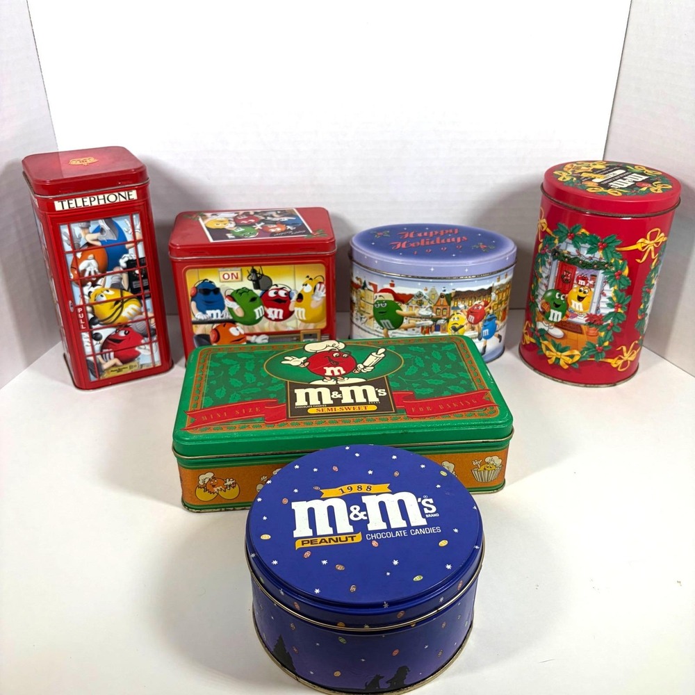 Vintage M&M's Collectible Holiday Lot of 8 - 6 Tins & 2 Blue Character Ornaments